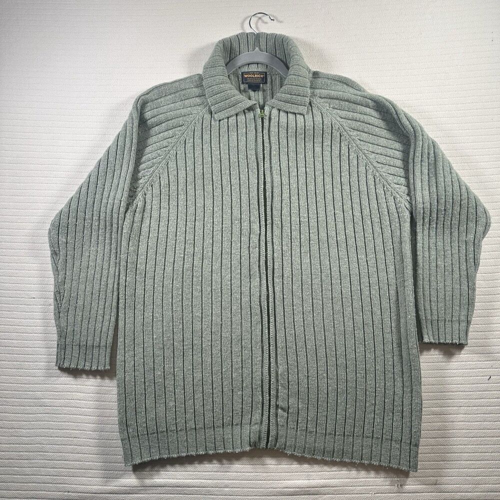 Vintage Woolrich Womens XL Sage Green Lambswool Ribbed Zip Cardigan Sweater
